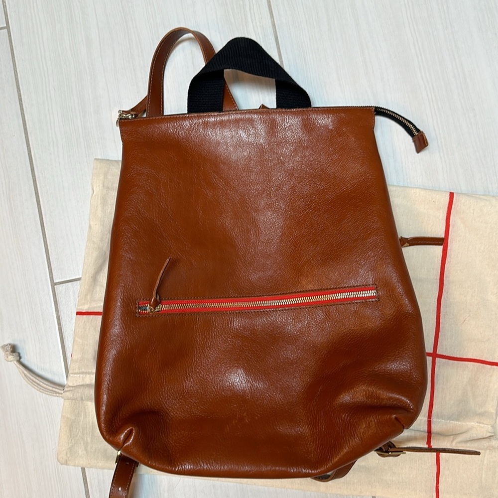 Clare V Cognac Brown Leather Backpack with Red Zip Detail - Picture 3 of 9